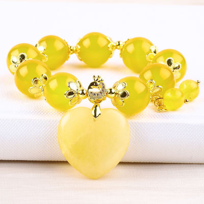 14MM 천연 에너지 노란색 칼세돈, 노란색 자이드 심장 조각 행운의 크리스탈 진주 팔찌