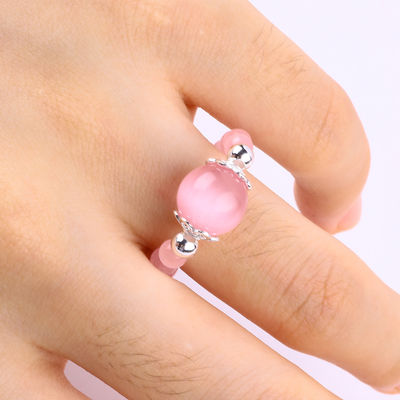 4mm 핸드메이드 보석 진주 반지 조절 가능한 탄력 핑크 고양이 눈 돌 반지 파티 매일 착용
