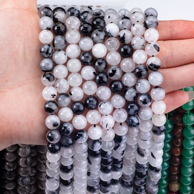 느슨한 진주 스트랜드 블랙 루티레이트 쿼츠 반 귀석 DIY 보석 제조를 위한 천연 크리스탈 보석
