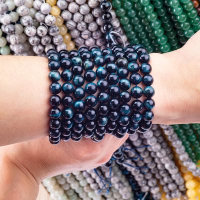 천연 크리스탈 보석 잉크 블루 호랑이 눈 느슨한 진주 스트랜드 DIY 보석 제조를 위한 반 귀석