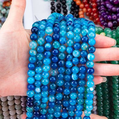 파란색 줄무늬 아가트 느슨한 진주 줄무늬 DIY 보석 제조를위한 반 귀석