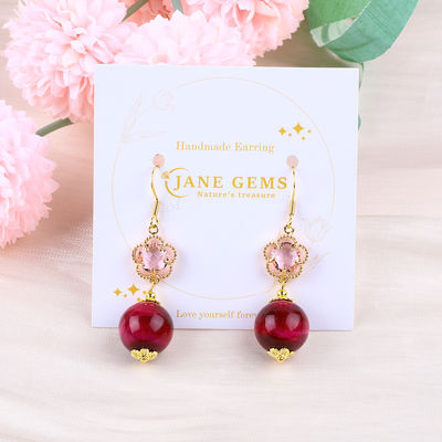 14MM 로즈 레드 호랑이 눈과 핑크 꽃 매력은 둥근 모양 짧은 드롭 귀걸이 파티 선물