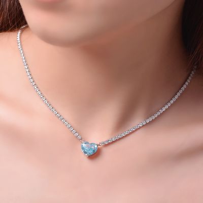 우아한 심장 모양 아쿠아 블루 925 스터링 은 심장 보석 목걸이