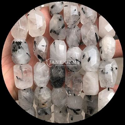Black Rutilated Quartz Gem Bead Natural Crystal Raw Rough Faceted Stone Loose Bead Strands For Bracelets